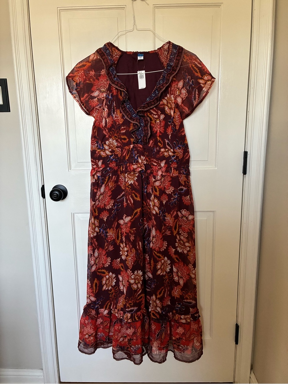 Old Navy Burgundy Floral Maxi Dress with Ruffle V-Neck